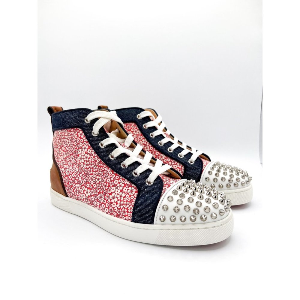 Mens Christian Louboutin Men's Spike Floral Print Denim High-Top Sneakers Sz 41 - Picture 2 of 13